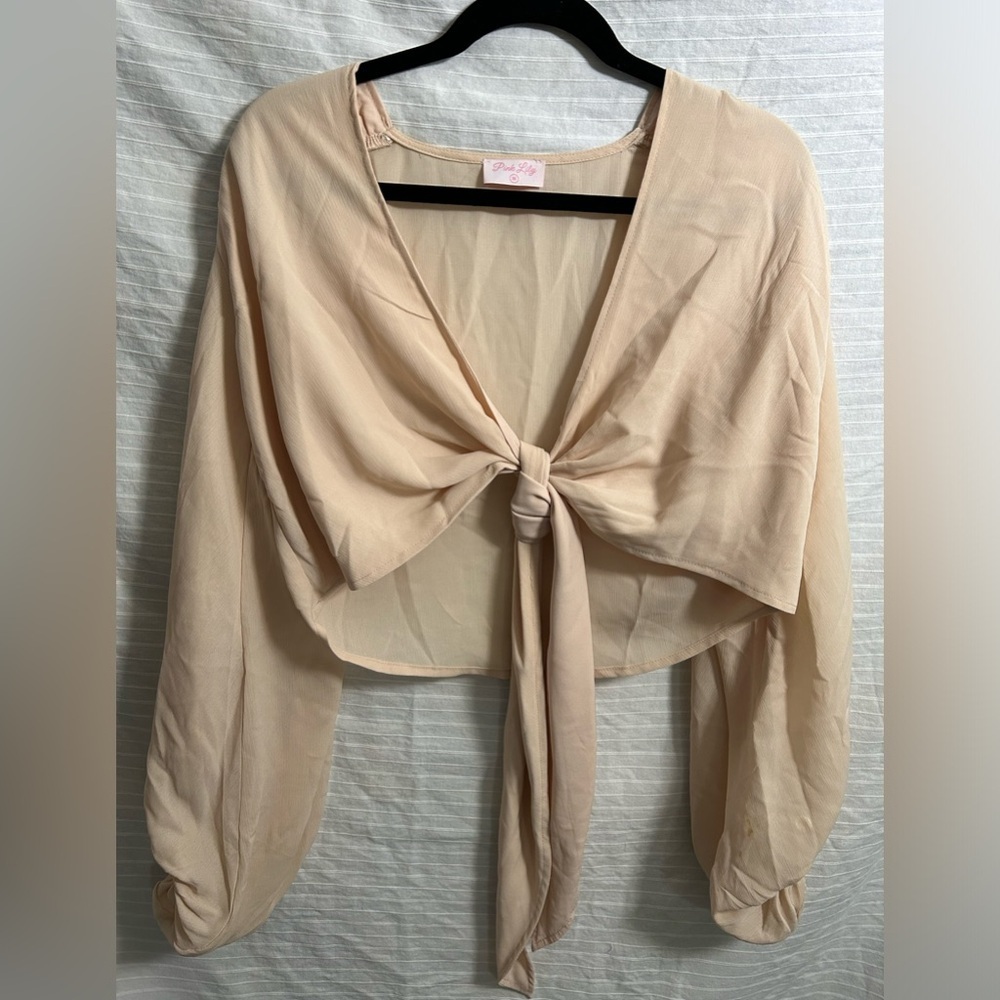 Pink Lily Taupe Tie Front Crop Blouse Top Ballon Sleeve Shirt Summer Size Medium